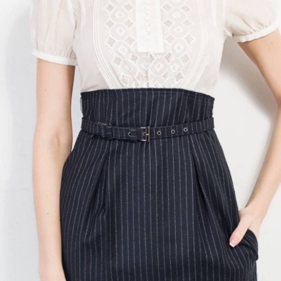 NWT BCBG MAXAZRIA WHITE BLOUSE/BLUE PINSTRIPE SKIRT DRESS, SIZE6 - Picture 6 of 11